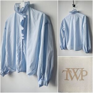 TWP Jade Ruffle Baby Blue Long Sleeve Button Down Shirt